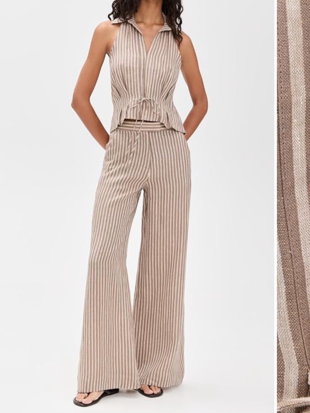 NWT Hevron Sleeveless Drawstring Linen Top in Chocolate Stripe - Picture 4 of 6